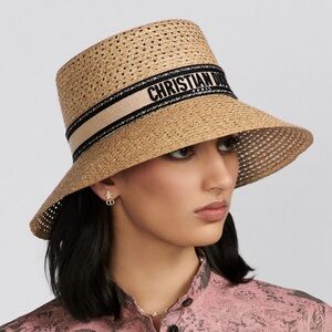 Dior D-Bobby Large Brim Hat Size 56 Straw with Blue and White Embroidered Band